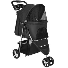 3 Wheels Pet Stroller Foldable Carrier Strolling Cart Travel Jogger Pet (Color: Black)