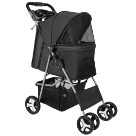 4 Wheels Pet Stroller Foldable Carrier Strolling Cart Travel Jogger Pet (Color: Black)