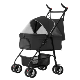 4 Wheels Pet Stroller Foldable Carrier Strolling Cart Travel (Color: Black)