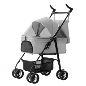 4 Wheels Pet Stroller Foldable Carrier Strolling Cart Travel Jogger Pet (Color: Grey)